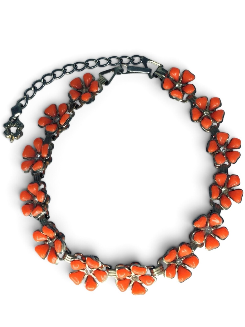 Vintage Orange Thermoset & Rhinestone Brass-Tone Floral Statement Necklace